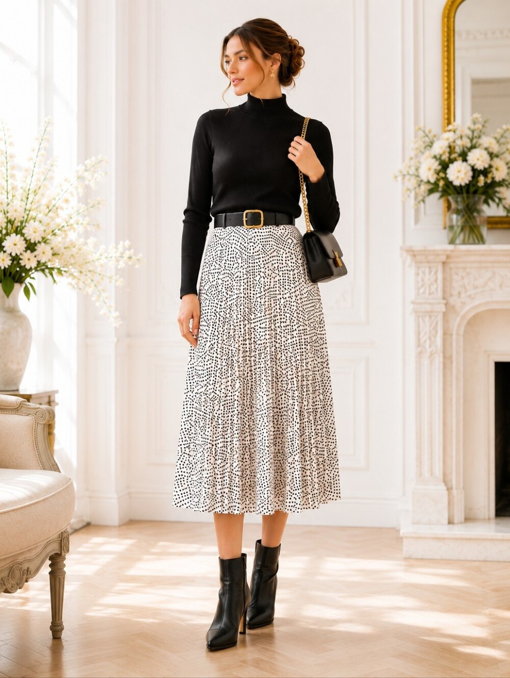 Max Studio Polka Dot Midi Skirt Size XL Black White Pleated A-Line